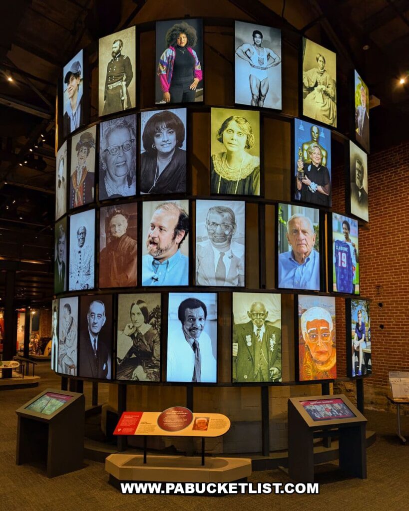 Towering “History Makers” exhibit at the York County History Center featuring illuminated portraits of diverse individuals who shaped York County’s history, culture, and contributions to the broader American story.