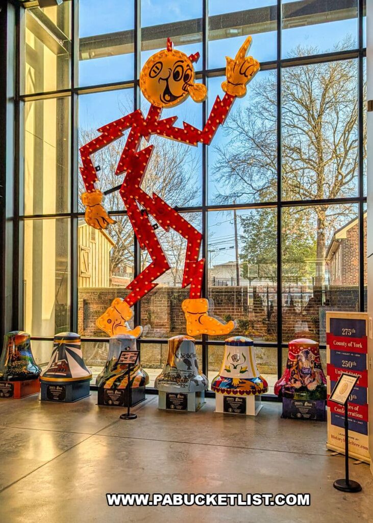 Large illuminated Reddy Kilowatt advertising sign displayed inside the York County History Center, surrounded by painted replicas of the Liberty Bell and interpretive signage that highlight York County’s industrial history and role in electrification.