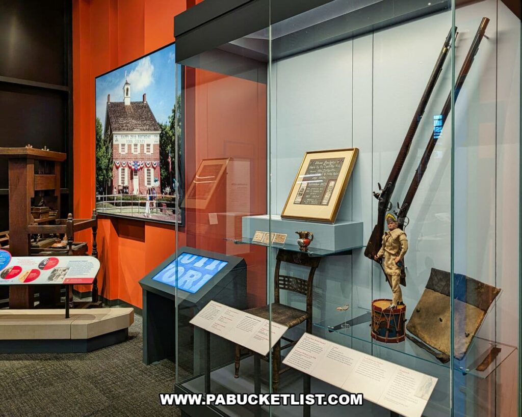 Revolutionary War–era exhibit at the York County History Center featuring a glass case with period firearms, military artifacts, documents, and interpretive displays exploring York County’s role in the American Revolution.