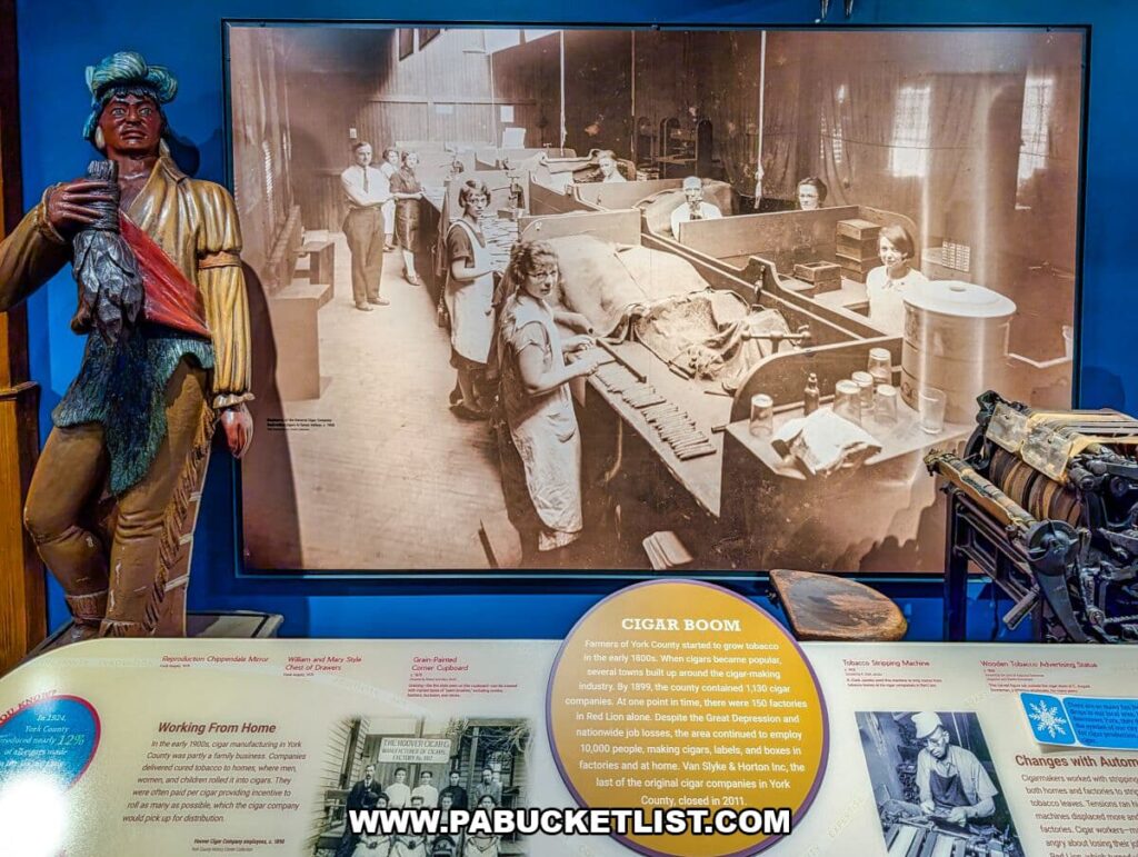 Cigar manufacturing exhibit at the York County History Center featuring a large historic photo of factory workers, a tobacco worker statue, and interpretive panels explaining York County’s once-thriving cigar industry and its role in local life and labor.