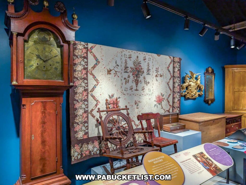 Display of handcrafted artifacts at the York County History Center, including a tall wooden grandfather clock, antique furniture, a spinning wheel, and a decorative textile quilt showcasing craftsmanship made in York County.