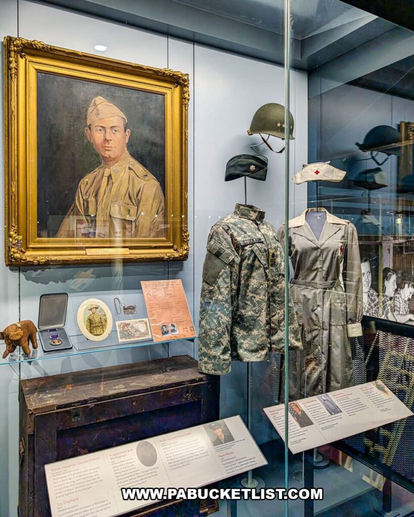 Military history exhibit at the York County History Center featuring a painted portrait of a local serviceman, uniforms from multiple eras, medals, documents, and personal artifacts honoring York County veterans and their service.