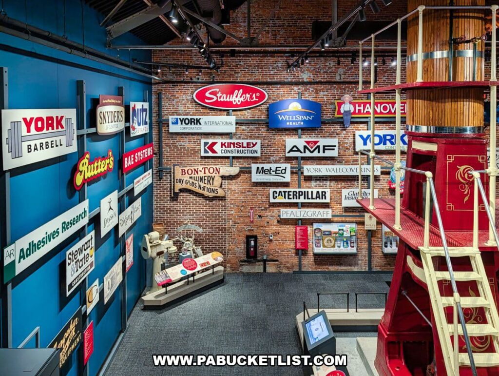 Wide interior view of the York County History Center showcasing large logos from companies founded or based in York County, displayed alongside industrial artifacts within the museum’s former power plant setting.