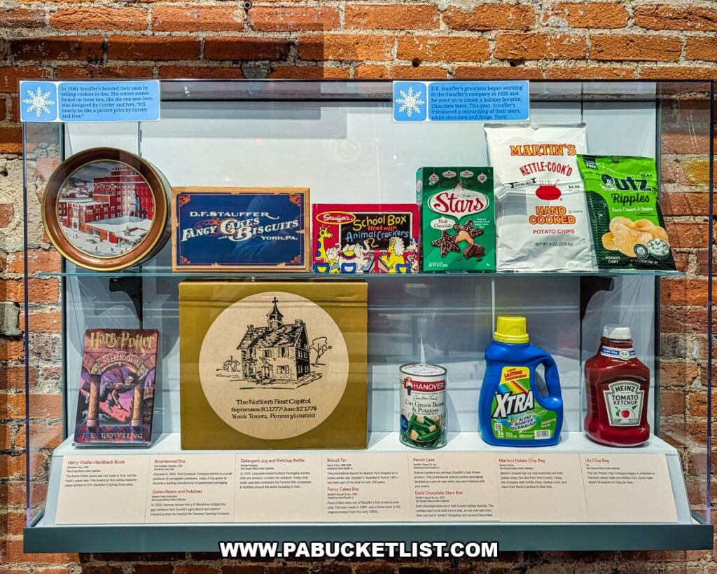 Display case at the York County History Center featuring packaged foods and consumer products with ties to York County, including snack foods, candy tins, detergent, ketchup, and locally produced brands that reflect the region’s manufacturing and everyday life history.