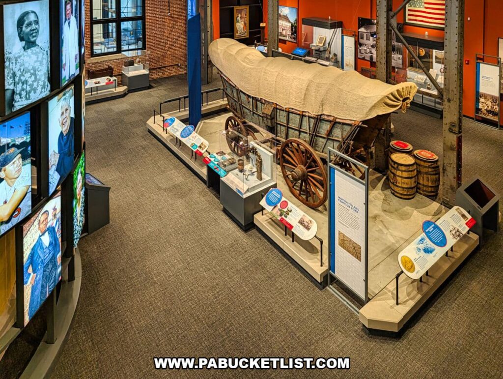 Overhead view of the first-floor gallery at the York County History Center showing a covered wagon, interactive exhibits, interpretive panels, and the towering History Makers display that explores York County’s people, industry, and cultural development.