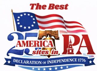 Patriotic graphic reading “The Best America 250 Sites in PA – Declaration of Independence 1776,” featuring a 13-star colonial flag, the Liberty Bell, and a silhouette of Independence Hall in red, white, and blue.