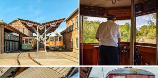 Collage of four photos featuring vintage electric streetcars at Pennsylvania trolley museums, including restored trolleys outside a brick museum building, a conductor operating a trolley through a wooded rail line, a bright yellow Steelers-themed trolley at a station platform, and a red historic trolley labeled Scranton on display with a museum staff member nearby.