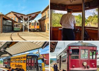 Collage of four photos featuring vintage electric streetcars at Pennsylvania trolley museums, including restored trolleys outside a brick museum building, a conductor operating a trolley through a wooded rail line, a bright yellow Steelers-themed trolley at a station platform, and a red historic trolley labeled Scranton on display with a museum staff member nearby.