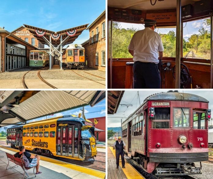 Collage of four photos featuring vintage electric streetcars at Pennsylvania trolley museums, including restored trolleys outside a brick museum building, a conductor operating a trolley through a wooded rail line, a bright yellow Steelers-themed trolley at a station platform, and a red historic trolley labeled Scranton on display with a museum staff member nearby.