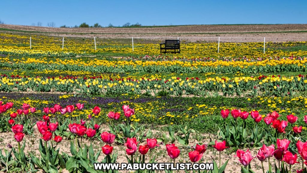 Rows of vibrant red, yellow, and multicolored tulips blooming across Burket Farm’s U-pick fields in Blair County, Pennsylvania, with a lone bench overlooking the spring flowers under a clear blue sky