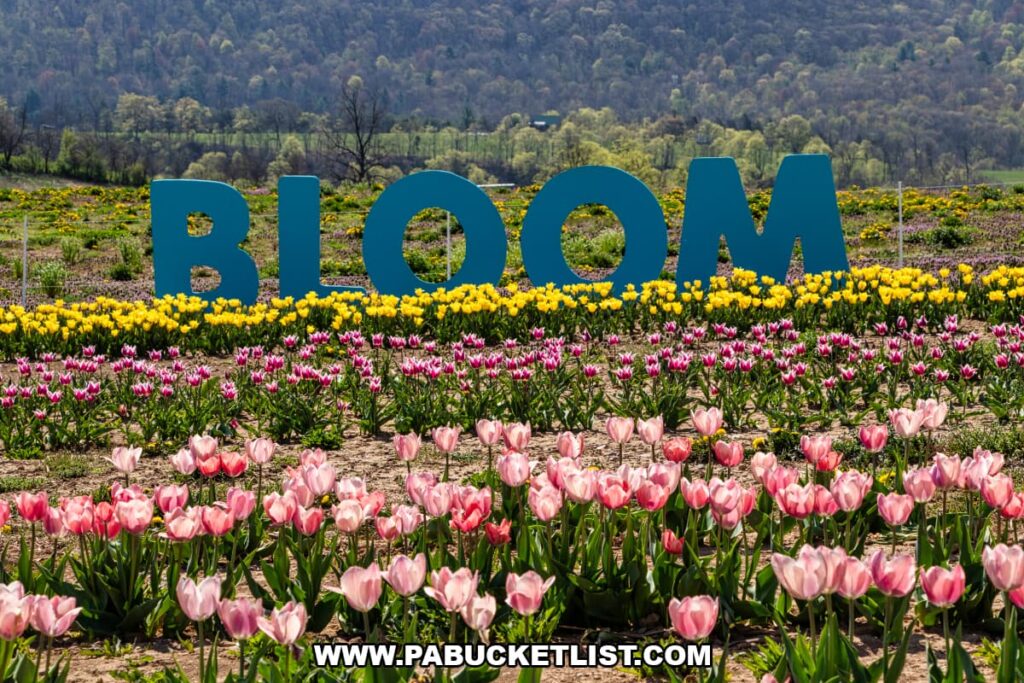Colorful rows of pink, yellow, and multicolored tulips blooming across Burket Farm’s U-pick fields in Blair County, Pennsylvania, with a large “BLOOM” sign set against rolling hills in the background