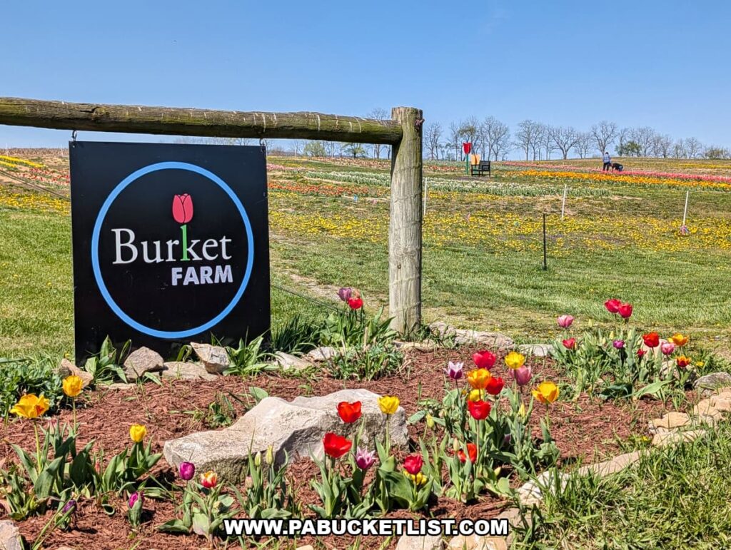 Burket Farm sign beside a rustic wooden fence at the Blair County tulip fields, surrounded by blooming tulips with colorful rows stretching across rolling hills under a clear spring sky