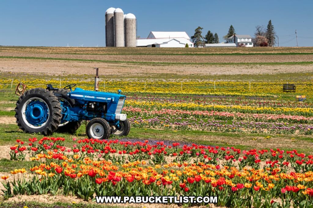 Vintage blue tractor parked beside colorful rows of tulips at Burket Farm’s U-pick fields in Blair County, Pennsylvania, with silos, barns, and rolling farmland in the distance under a clear sky
