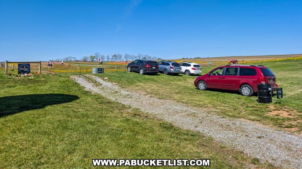 Visitors’ cars parked beside a gravel lane at Burket Farm’s tulip fields in Blair County, Pennsylvania, with colorful flower rows and open farmland stretching beneath a clear blue spring sky