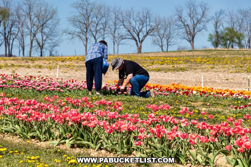Visitors picking tulips among colorful blooming rows at Burket Farm’s U-pick fields in Blair County, Pennsylvania, with rolling farmland and leafless trees in the background