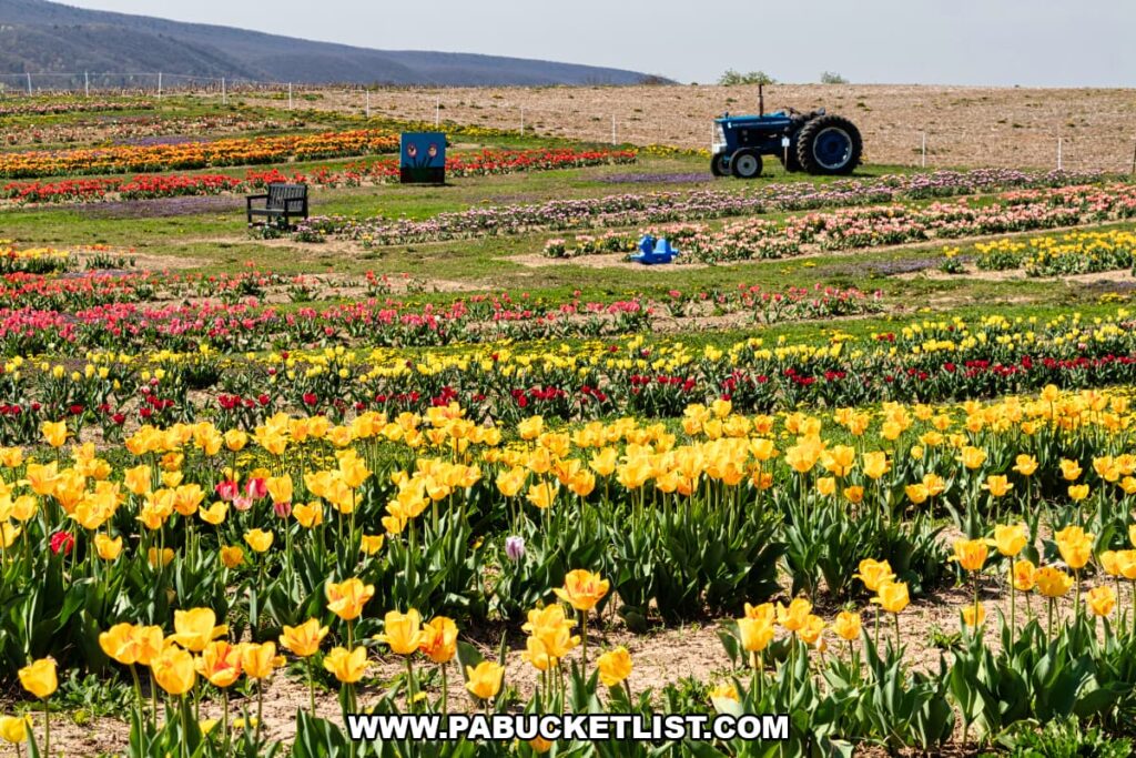 Wide view of Burket Farm’s U-pick tulip fields in Blair County, Pennsylvania, with rows of yellow, red, and pink blooms stretching toward a vintage tractor and rolling hills in the distance