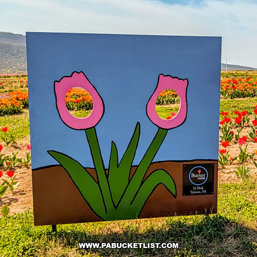 Painted photo board with two tulip cutouts for pictures at Burket Farm’s U-pick fields in Blair County, Pennsylvania, set among rows of colorful blooming tulips