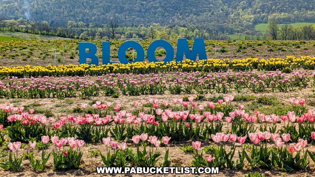 Rows of pink, yellow, and multicolored tulips blooming across Burket Farm’s U-pick fields in Blair County, Pennsylvania, with a large blue BLOOM sign and wooded hills in the background