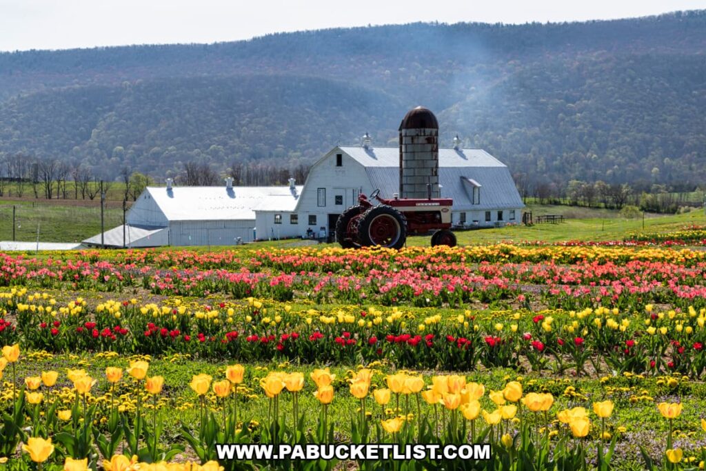 Colorful rows of blooming tulips at Burket Farm in Blair County, Pennsylvania, with a vintage red tractor, white barn, and silo set against a wooded mountain backdrop