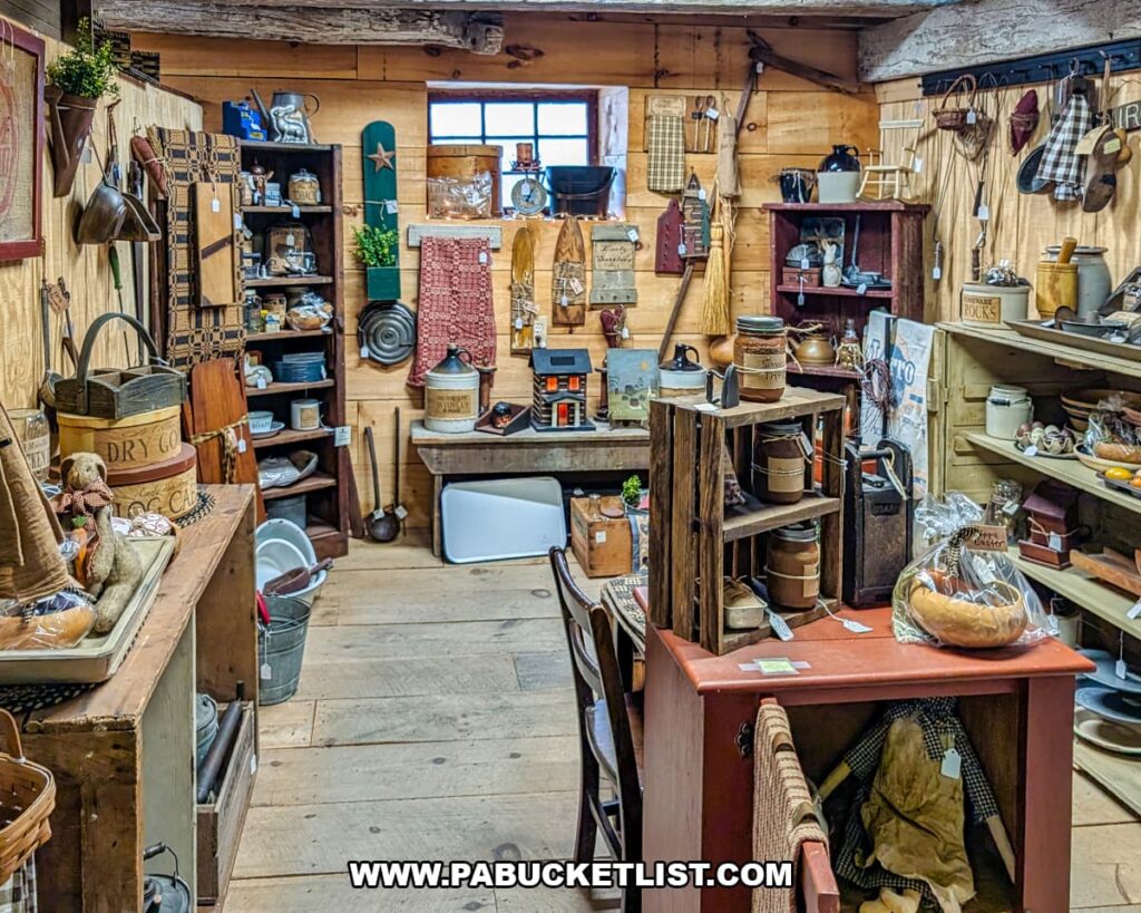 Rustic display room inside Cove Barn Antiques in Duncannon, Pennsylvania, featuring shelves of primitive antiques, vintage kitchen tools, crocks, baskets, and farmhouse decor arranged within a wooden barn interior