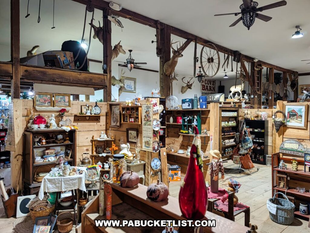 Upper level interior of Cove Barn Antiques in Duncannon, Pennsylvania, showing vendor booths filled with vintage decor, glassware, baskets, artwork, and taxidermy mounted along rustic barn beams