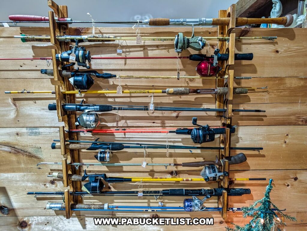 Display of vintage fishing rods and reels mounted on a wooden rack inside Cove Barn Antiques in Duncannon, Pennsylvania