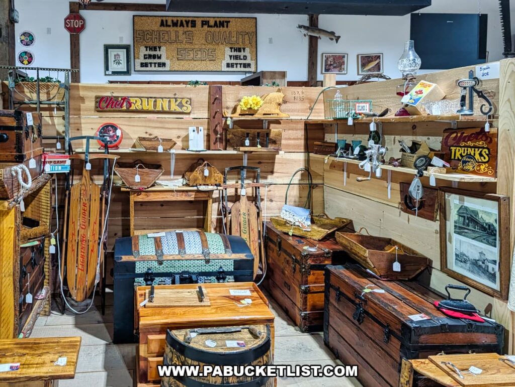 Display booth inside Cove Barn Antiques in Duncannon, Pennsylvania, featuring vintage trunks, sleds, wooden boxes, and rustic farm tools arranged against wooden barn walls