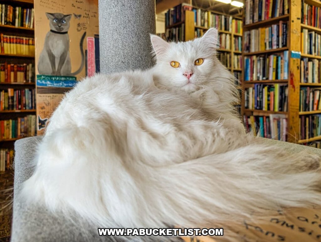 Fluffy white bookstore cat with bright golden eyes lounging on a perch at Cupboard Maker Books in Cumberland County, Pennsylvania, with tall wooden bookshelves filled with neatly organized titles in the background of the cozy Cat Bookstore.