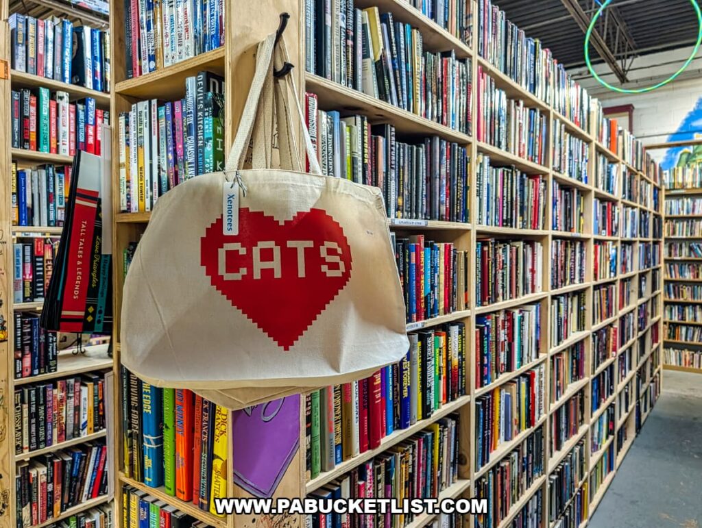 Canvas tote bag with a red heart and the word “CATS” hanging from a bookshelf at Cupboard Maker Books in Cumberland County, Pennsylvania, surrounded by tall wooden shelves filled with neatly organized preowned books in the cozy, cat-themed bookstore.