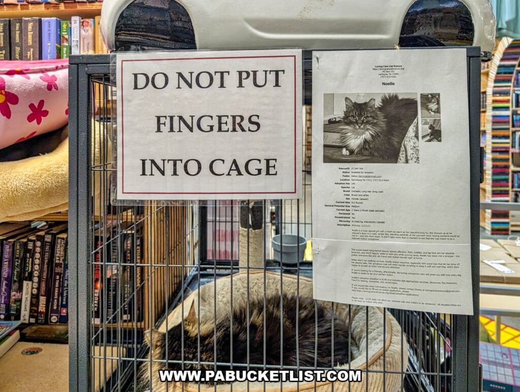 Foster cat resting inside a cage at Cupboard Maker Books in Cumberland County, Pennsylvania, with an adoption information sheet and a “Do Not Put Fingers Into Cage” sign displayed on the front, surrounded by shelves of books in the cozy Cat Bookstore.