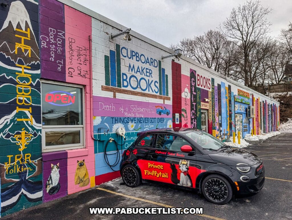 Colorful exterior mural of Cupboard Maker Books in Cumberland County, Pennsylvania, featuring painted book spines and cats on the building’s facade, with a cat-themed car parked outside the entrance of the Cat Bookstore.