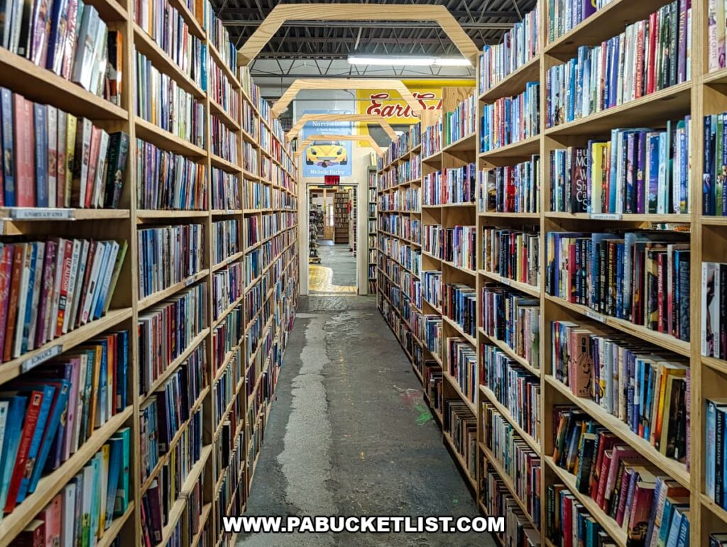 Long aisle of tall wooden bookshelves packed with neatly organized preowned paperbacks and hardbacks at Cupboard Maker Books in Cumberland County, Pennsylvania, creating a cozy, library-like corridor inside the spacious Cat Bookstore.