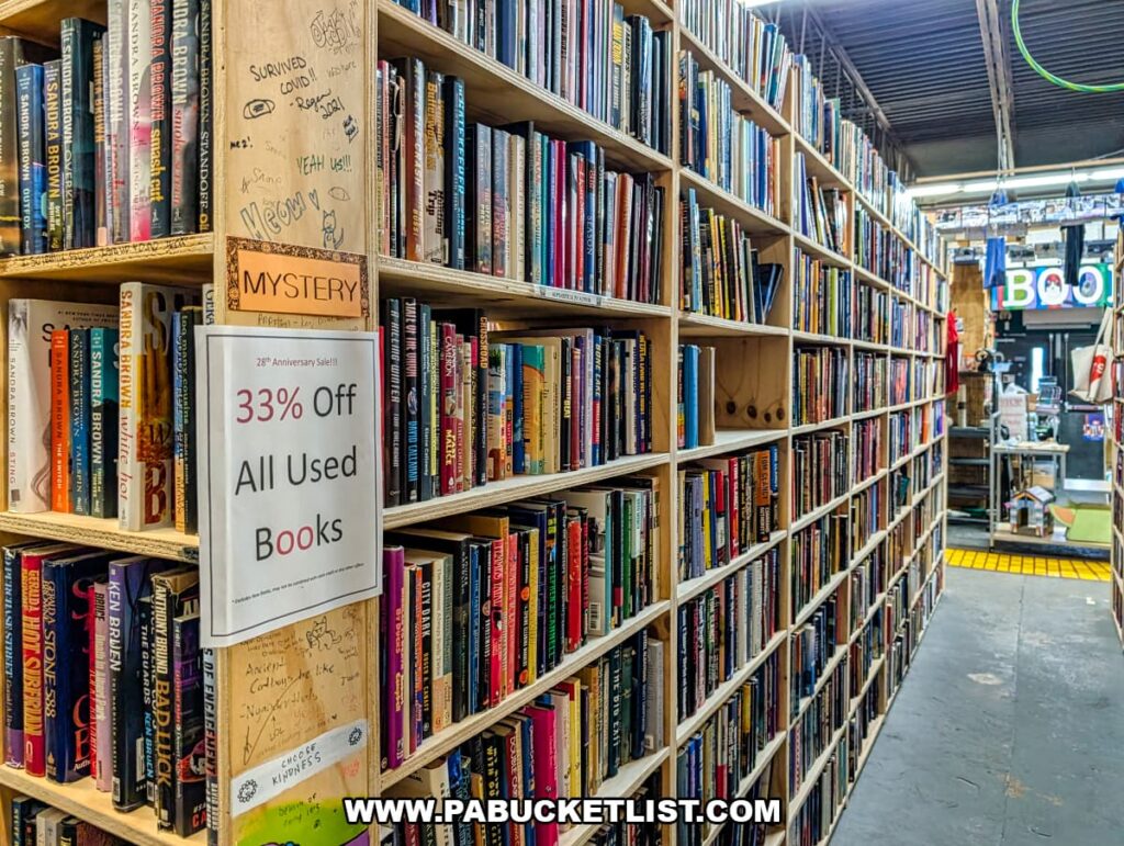 Mystery section at Cupboard Maker Books in Cumberland County, Pennsylvania, featuring tall wooden shelves filled with neatly organized used novels and a sign advertising 33 percent off all used books in the cozy Cat Bookstore.