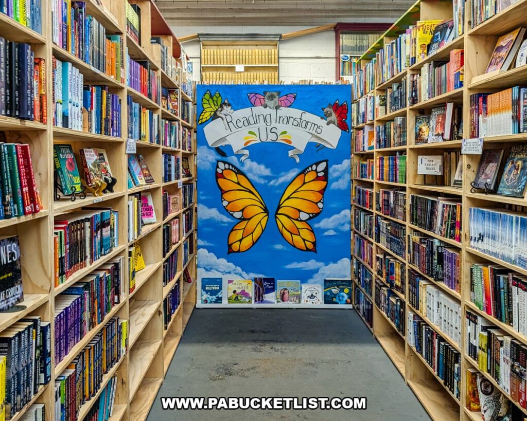 Long aisle of wooden bookshelves filled with neatly organized titles at Cupboard Maker Books in Cumberland County, Pennsylvania, leading to a colorful mural that reads “Reading Transforms Us” with butterfly artwork at the end of the cozy Cat Bookstore.