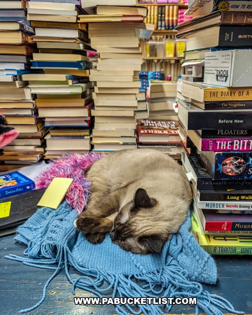 Siamese bookstore cat curled up asleep on a blue knit scarf atop a table surrounded by tall stacks of books at Cupboard Maker Books in Cumberland County, Pennsylvania, capturing the cozy, cat-filled charm of the Cat Bookstore.