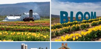 Collage of four scenes from Burket Farm Tulip Fields in Blair County, Pennsylvania showing colorful tulip rows, vintage tractors, a large BLOOM sign, and the farm entrance sign with historic buildings in the background