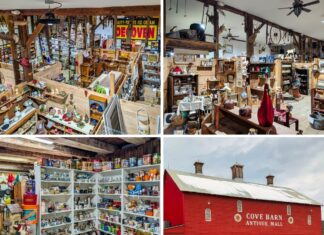 Collage showing interior vendor booths filled with antiques and collectibles alongside the red barn exterior of Cove Barn Antiques in Duncannon, Pennsylvania.