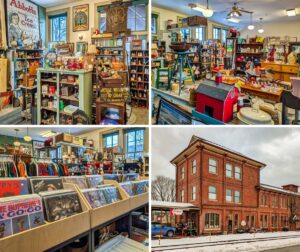 Collage of four images from Sunbury Station Antiques in Northumberland County, Pennsylvania, showcasing vendor booths filled with vintage advertising signs and collectibles, assorted antiques and glassware displays, bins of vinyl records and retro clothing, and the exterior view of the historic red-brick train station that houses the multi-vendor antique store.