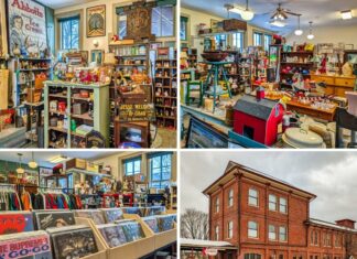 Collage of four images from Sunbury Station Antiques in Northumberland County, Pennsylvania, showcasing vendor booths filled with vintage advertising signs and collectibles, assorted antiques and glassware displays, bins of vinyl records and retro clothing, and the exterior view of the historic red-brick train station that houses the multi-vendor antique store.