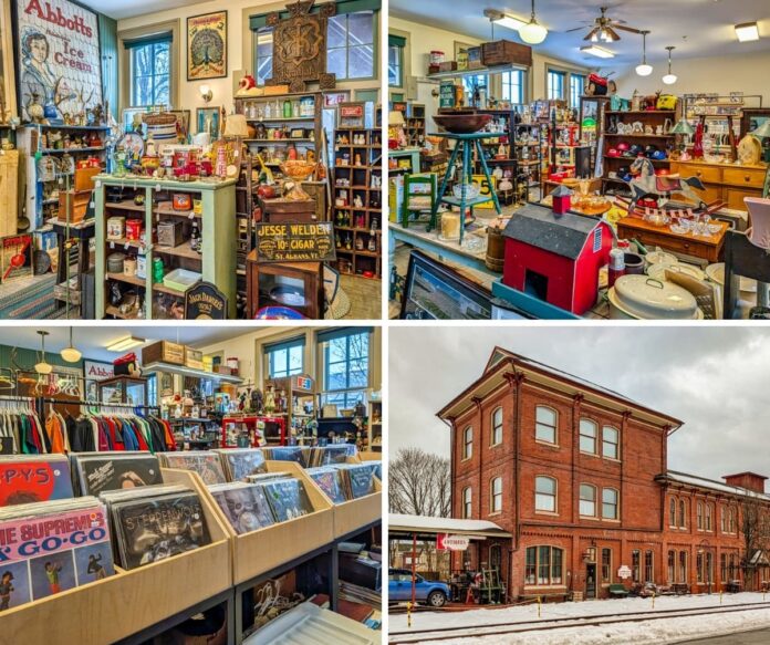 Collage of four images from Sunbury Station Antiques in Northumberland County, Pennsylvania, showcasing vendor booths filled with vintage advertising signs and collectibles, assorted antiques and glassware displays, bins of vinyl records and retro clothing, and the exterior view of the historic red-brick train station that houses the multi-vendor antique store.