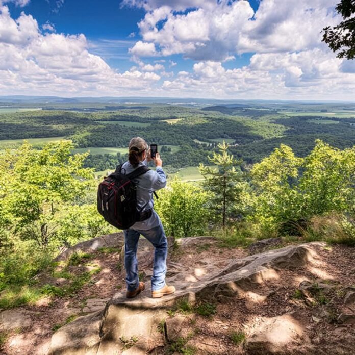 Hiker with a backpack stands at Indian Lookout in Huntingdon County, Pennsylvania, photographing sweeping views of forested ridges and farmland under a bright blue sky filled with puffy clouds.
