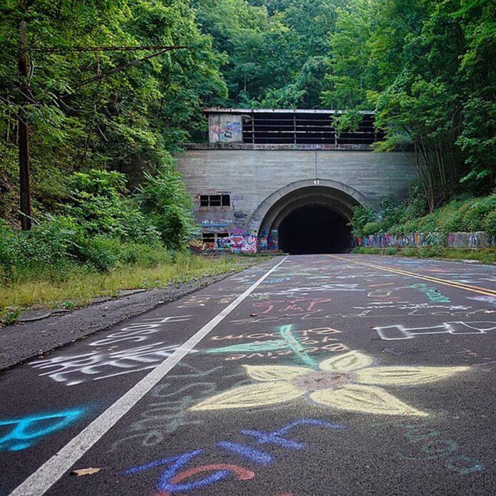 Rays-Hill-Tunnel-Abandoned-PA-Turnpike-Bedford-County-PA-square-crop (1) Entrance to the abandoned Rays Hill Tunnel along the Pennsylvania Turnpike in Bedford County, Pennsylvania, with colorful graffiti and chalk drawings covering the roadway leading into the dark tunnel beneath a wooded hillside.