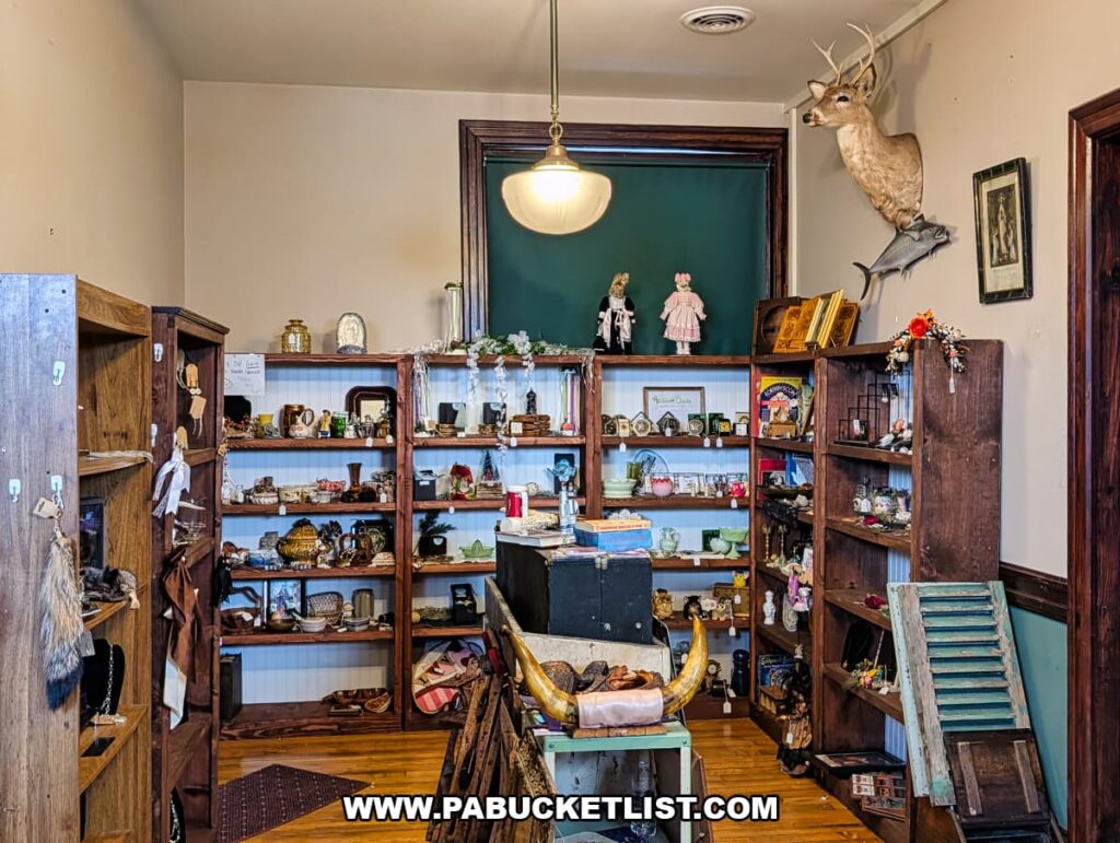 Cozy vendor room inside Sunbury Station Antiques in Northumberland County, Pennsylvania, featuring wooden shelves filled with vintage curiosities, small antiques, dolls, glassware, and a mounted deer head displayed within the historic train station building.