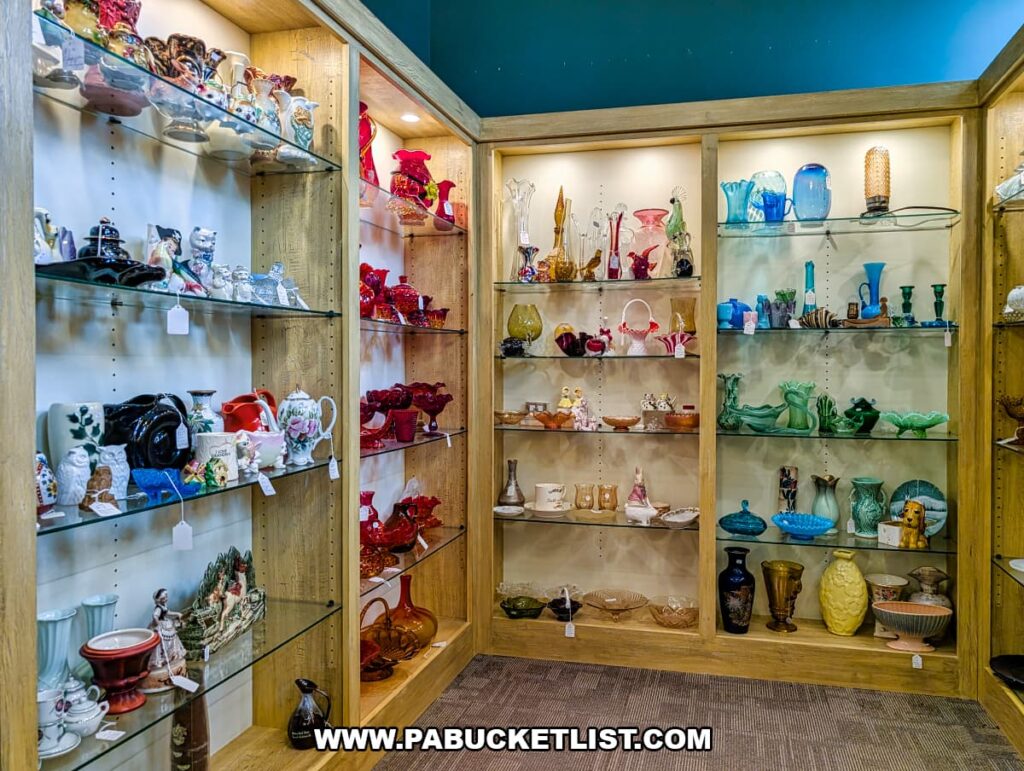 Glass display cases inside Sunbury Station Antiques in Northumberland County, Pennsylvania, showcasing colorful vintage glassware, vases, figurines, and decorative pieces arranged on illuminated shelves within the historic train station building.
