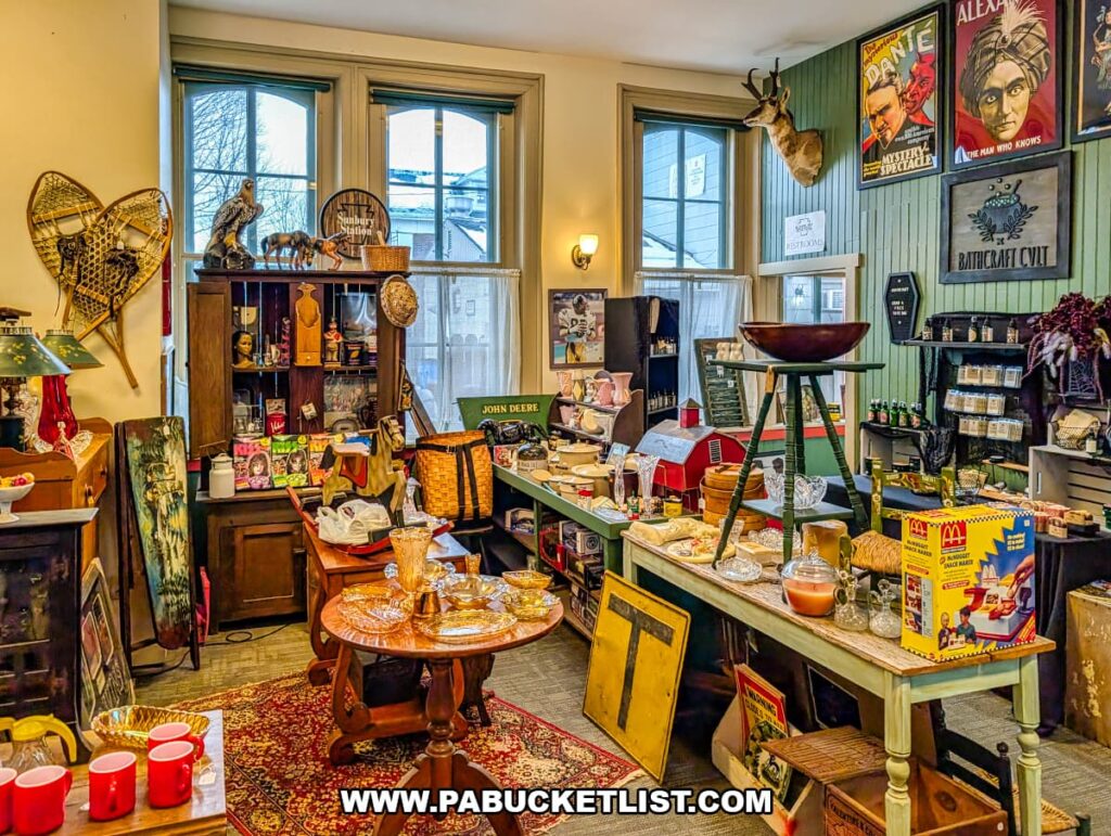Eclectic vendor booth inside Sunbury Station Antiques in Northumberland County, Pennsylvania, featuring vintage glassware, advertising signs, framed artwork, snowshoes, taxidermy mounts, and assorted collectibles arranged throughout the historic train station interior.