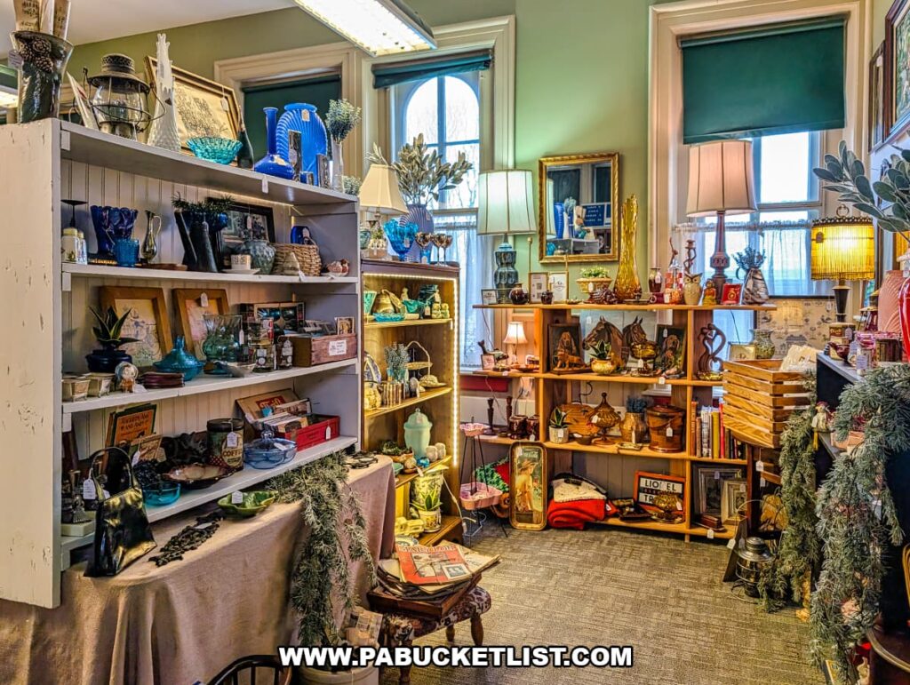 Cozy vendor corner inside Sunbury Station Antiques in Northumberland County, Pennsylvania, featuring shelves of vintage home decor, glassware, lamps, framed artwork, and decorative accents arranged beneath tall arched windows in the historic train station building.