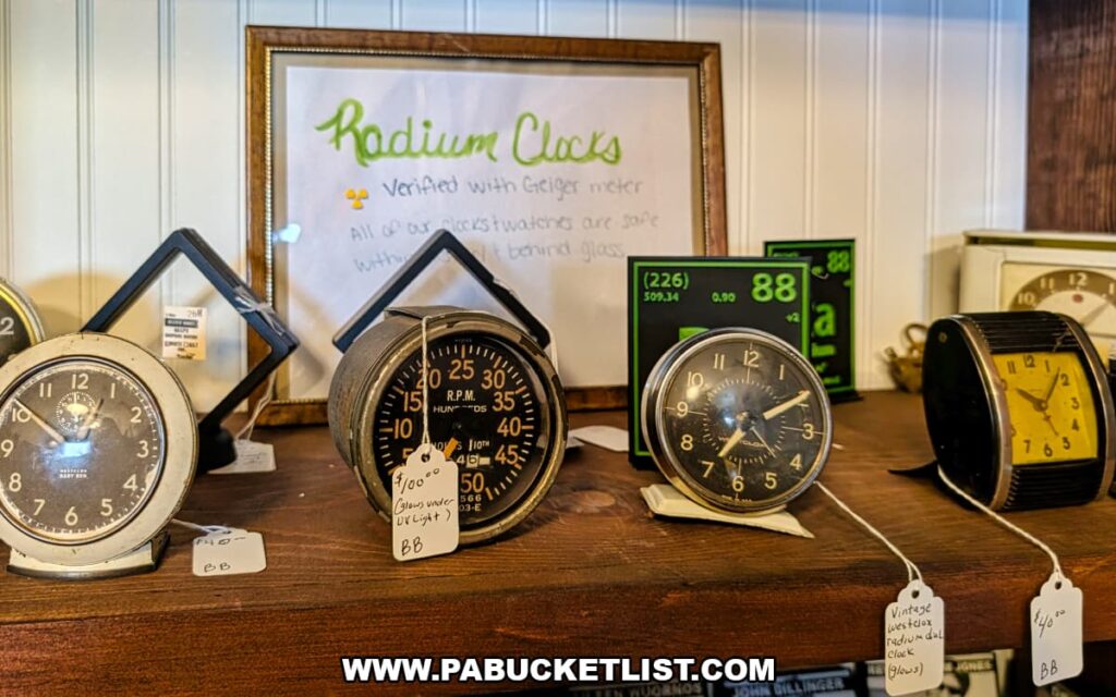 Display of vintage radium clocks on a wooden shelf inside Sunbury Station Antiques in Northumberland County, Pennsylvania, with informational sign and retro timepieces showcased in the historic train station building.