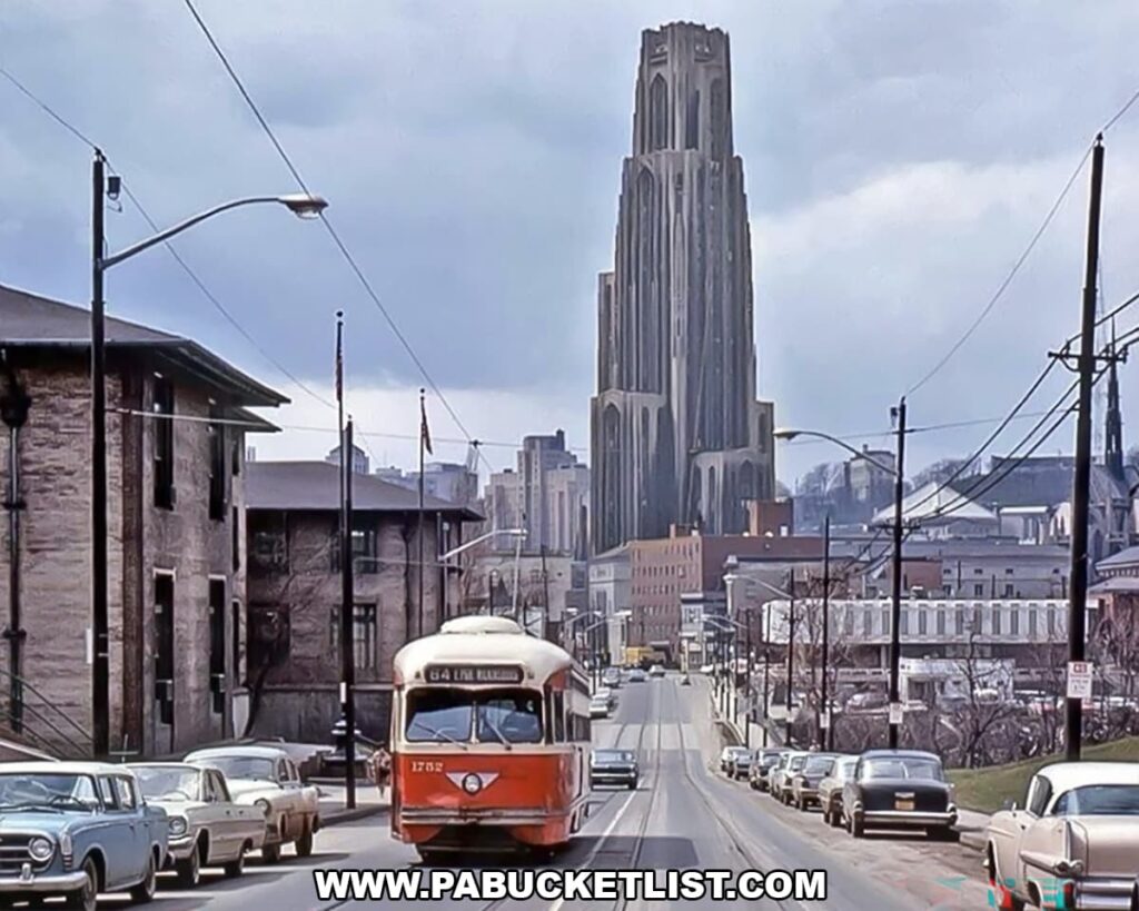 Historic color photograph of a vintage electric streetcar traveling down a Pittsburgh street with parked 1950s-era automobiles on both sides and the towering Cathedral of Learning rising in the background.