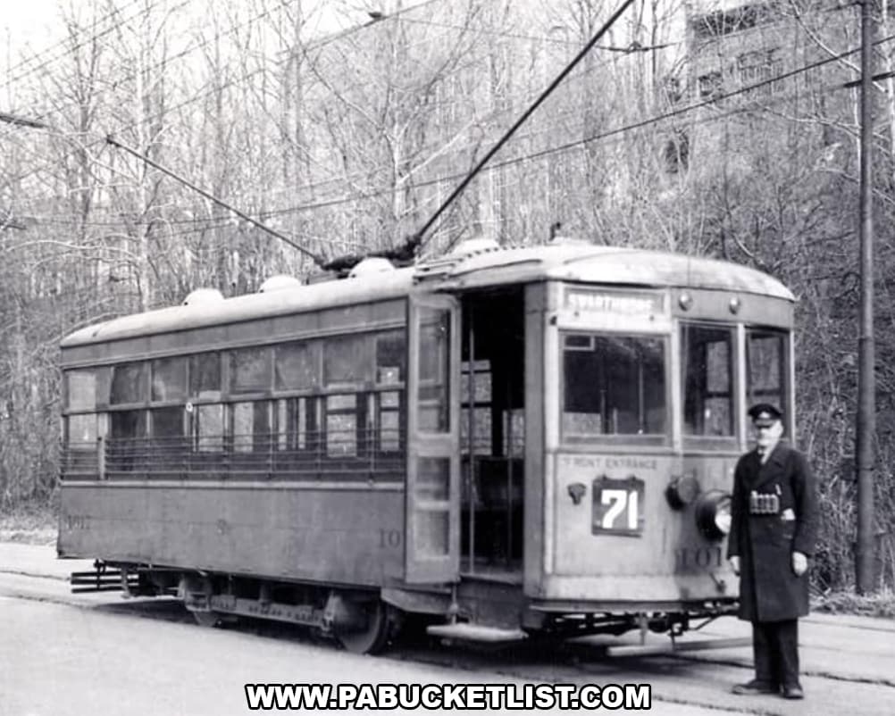 Black-and-white photograph of a vintage electric streetcar stopped along a wooded Pennsylvania trolley line, with overhead power wires, a uniformed conductor standing beside the front entrance, and the route number displayed on the trolley’s front sign.