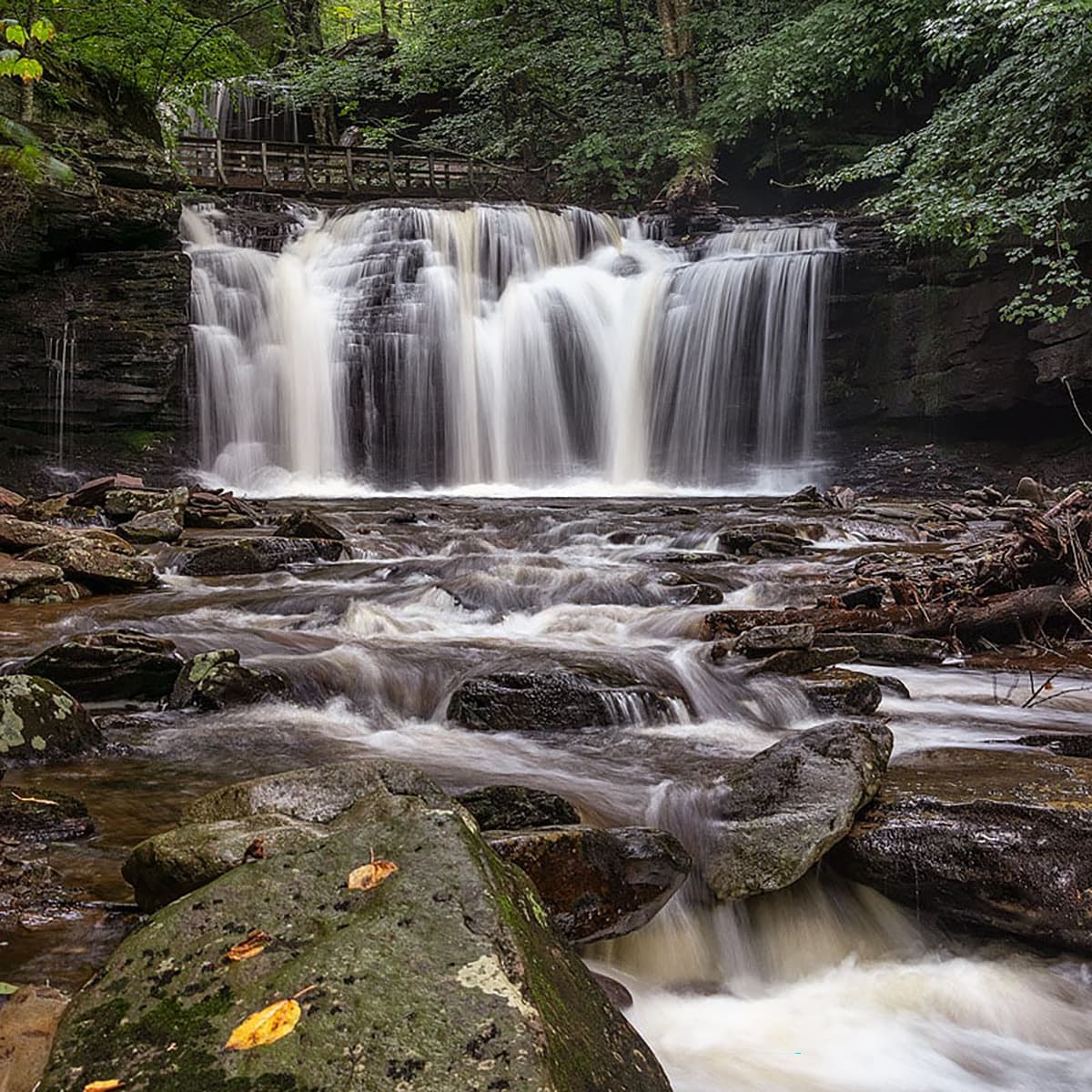 Wyandott Falls cascading in twin curtains over a rocky ledge at Ricketts Glen State Park, with a wooden footbridge above and a rushing stream weaving through moss-covered boulders below.